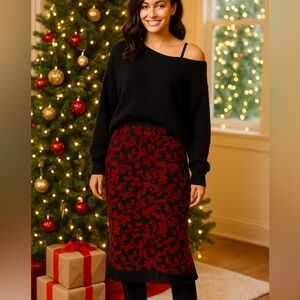 Lennie for Nina Leonard | Red & Black Jacquard Holiday Skirt (Size M)